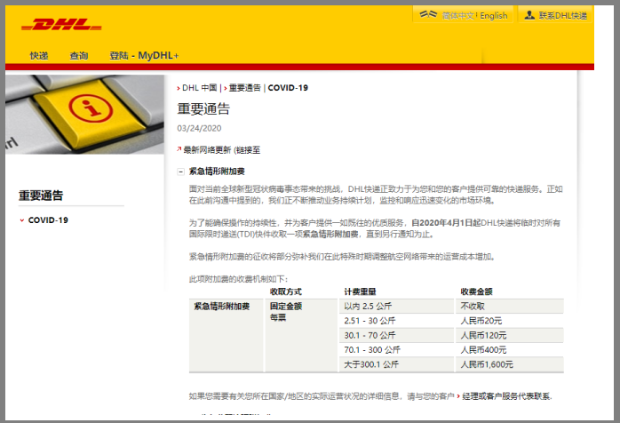 空运/快递费用暴涨！DHL/UPS/FedEx征收附加费！